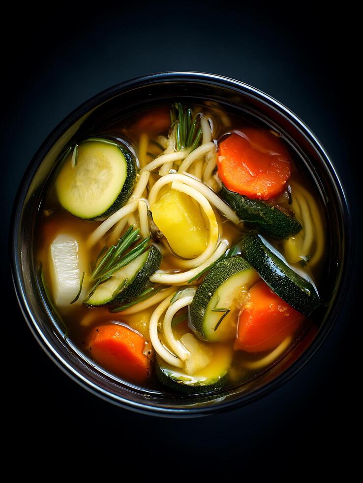 Overhead View of a Bowl of Delicious Vegetable Soup with Pasta. photo
