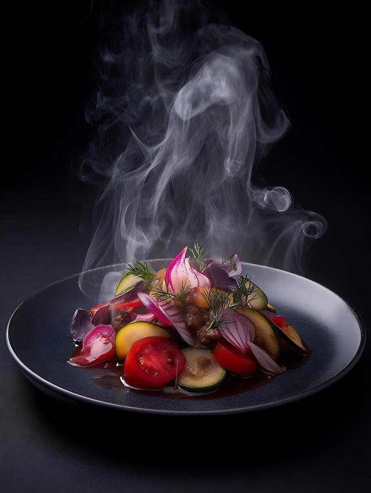 Steaming Warm Vegetable Salad on a Dark Plate. A close up image of a vibrant and colorful salad with steam rising. photo