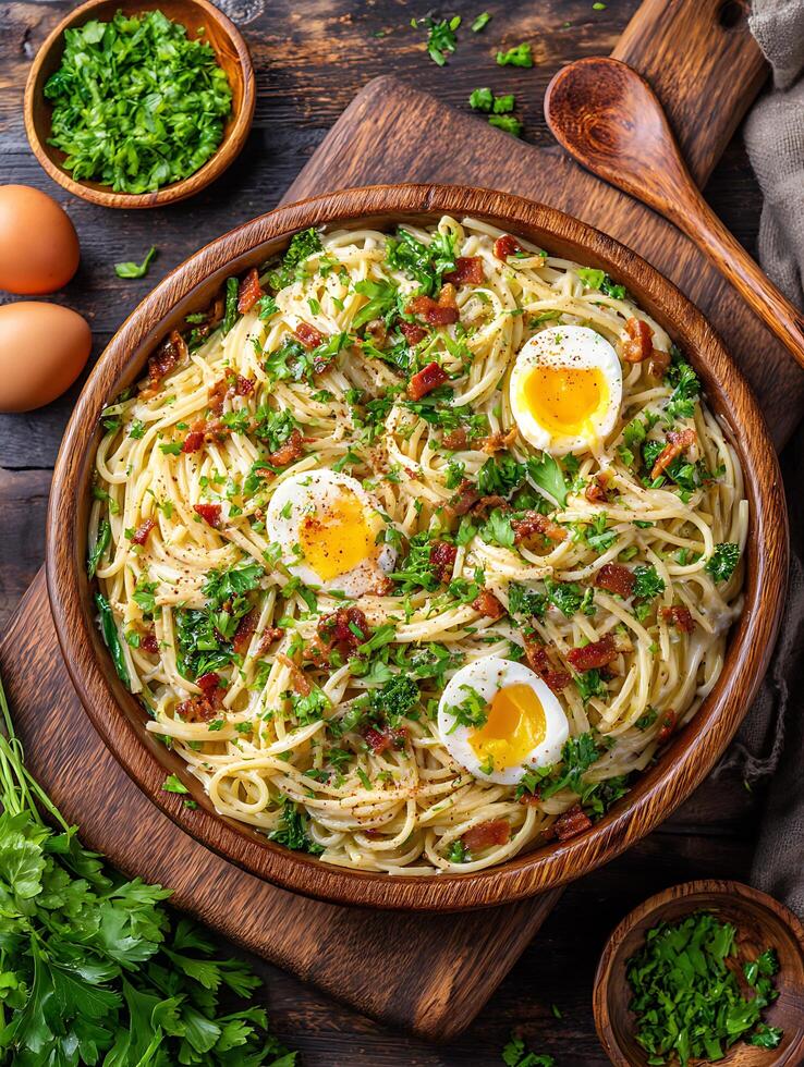 Creamy Spaghetti Carbonara with Soft Boiled Eggs and Crispy Bacon in Rustic Wooden Bowl. photo