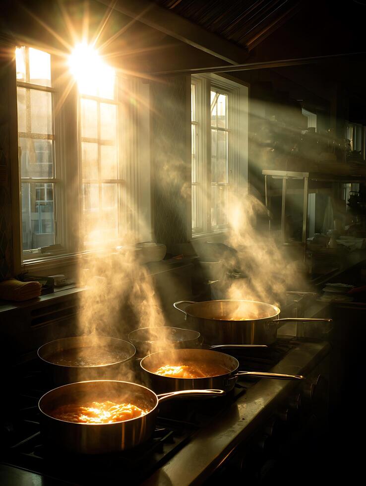 Sunlit Kitchen Pots of Steam on a Restaurant Stove. photo