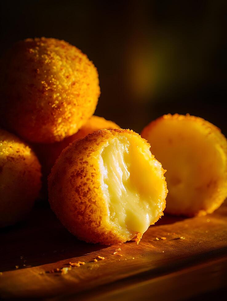 Close up of Delicious Golden Fried Cheese Balls with Melted Creamy Center on Wooden Board. photo