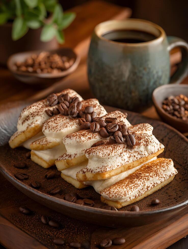 Delicious Tiramisu Dessert with Coffee Beans Close Up. A delectable image perfect for food blogs, magazines, and culinary websites. photo