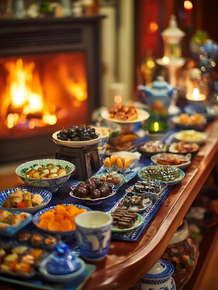 Cozy Fireplace Setting with an Array of Delicious Treats. photo