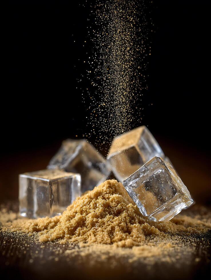 Brown Sugar and Ice Cubes A Close Up Still Life Composition. photo