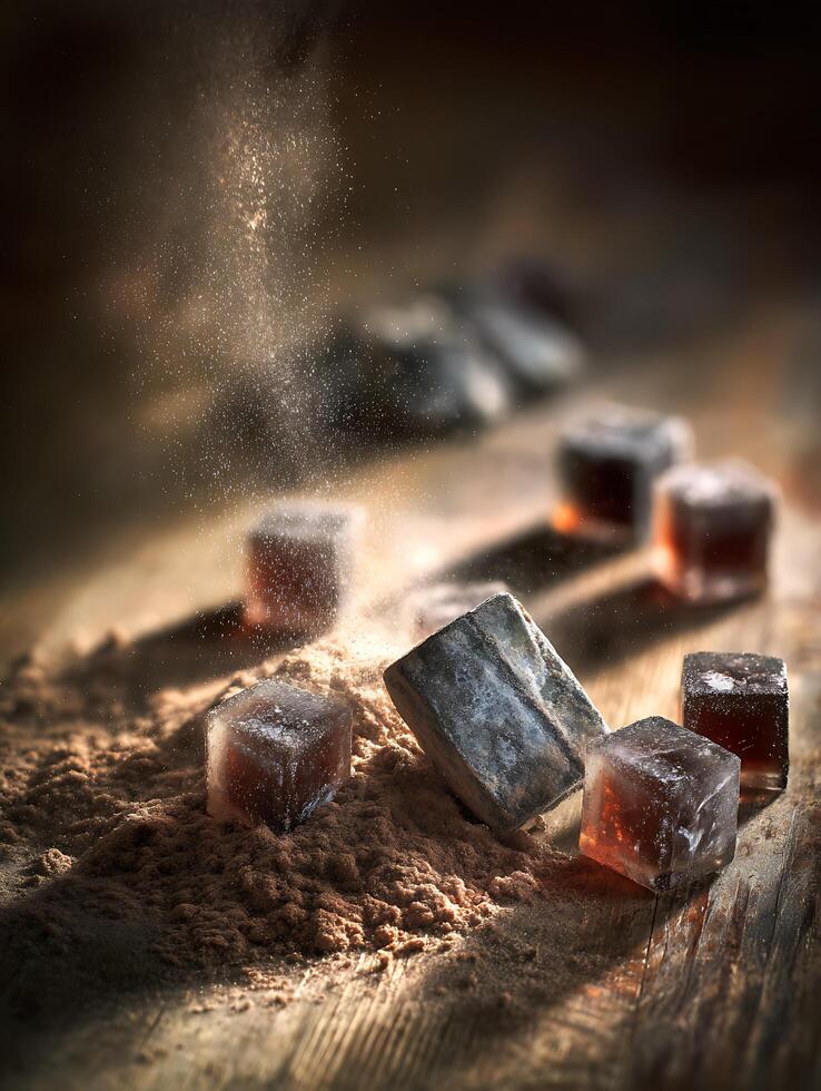 Cubes of Dark Amber Ice on Dusty Wooden Surface. A dramatic close up showcasing melting ice with cocoa powder. photo
