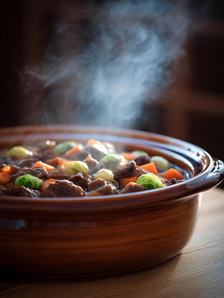 Steaming Hot Pot of Beef Stew with Brussels Sprouts and Carrots. photo