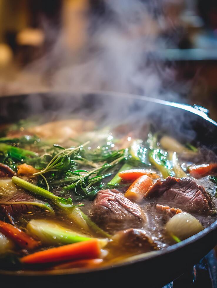 Close Up of Steaming Beef Stew with Root Vegetables. A hearty and flavorful beef stew simmering in a pot, filled with carrots, onions, and herbs. photo