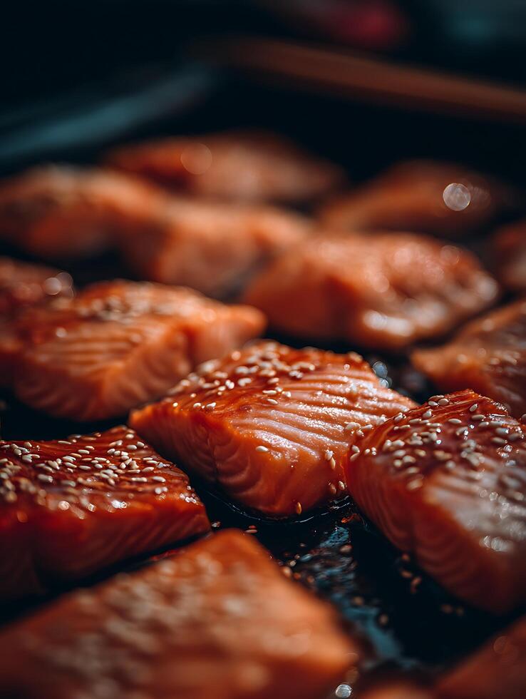 Close Up of Glazed Salmon Fillets with Sesame Seeds. A delicious culinary image perfect for food blogs, recipe websites, and restaurant menus. photo
