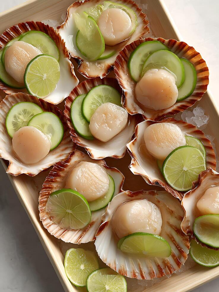 Fresh Scallops with Lime and Cucumber Slices in Shells. A delicious seafood appetizer or main course presentation. photo