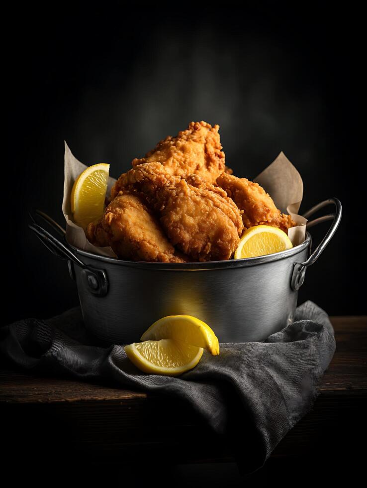 Crispy Fried Fish in a Metal Bowl with Lemon Wedges. A delicious food photography image perfect for restaurant menus or culinary websites. photo
