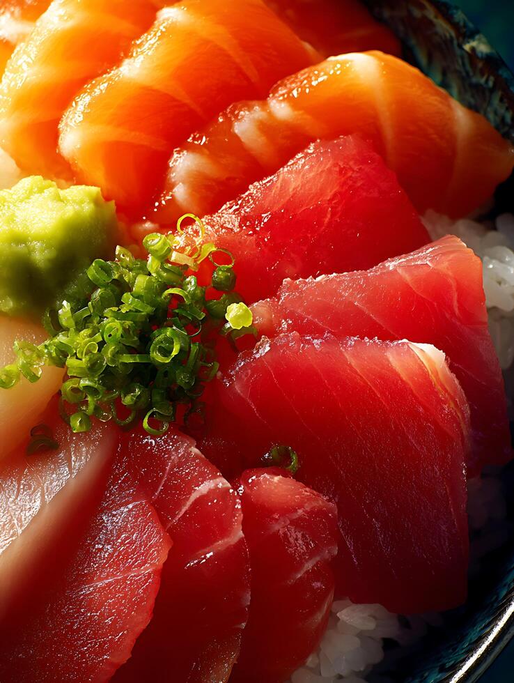 Close Up of Fresh Sashimi on Rice. A vibrant image showcasing the rich colors and textures of various types of raw fish. photo