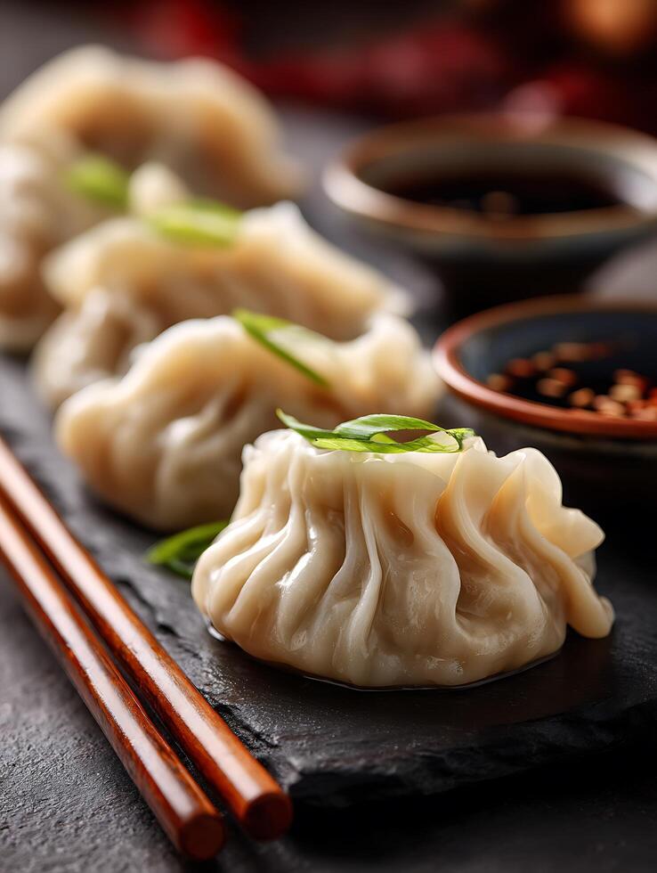 Close Up of Steamed Dumplings Garnished with Green Onions on Dark Stone Plate. photo