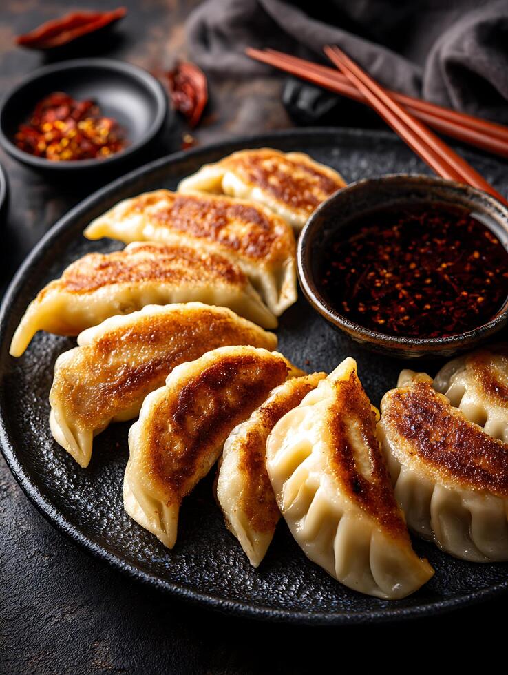 Delicious Pan-Fried Gyoza Dumplings with Spicy Dipping Sauce. A close up shot of golden brown gyoza served on a dark plate with chopsticks and chili flakes. photo