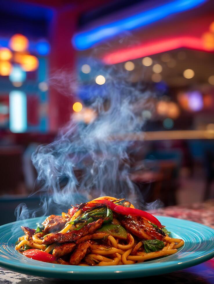 Steaming Hot Plate of Noodles and Chicken in a Vibrant Restaurant Setting. photo
