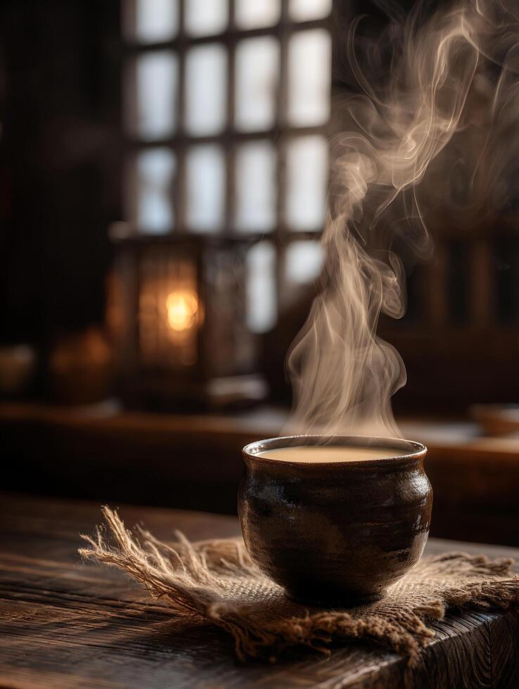 Steaming Mug of Hot Drink on Rustic Wooden Table. A warm and inviting image perfect for autumn or winter themes. photo
