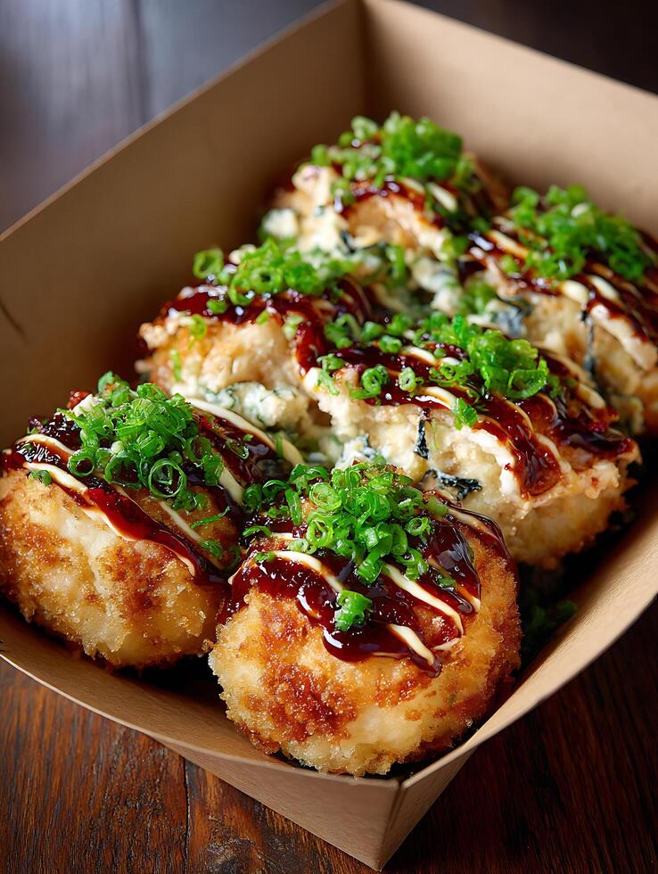 Delicious Takoyaki Balls in a Takeout Box Close up of Japanese Street Food. photo