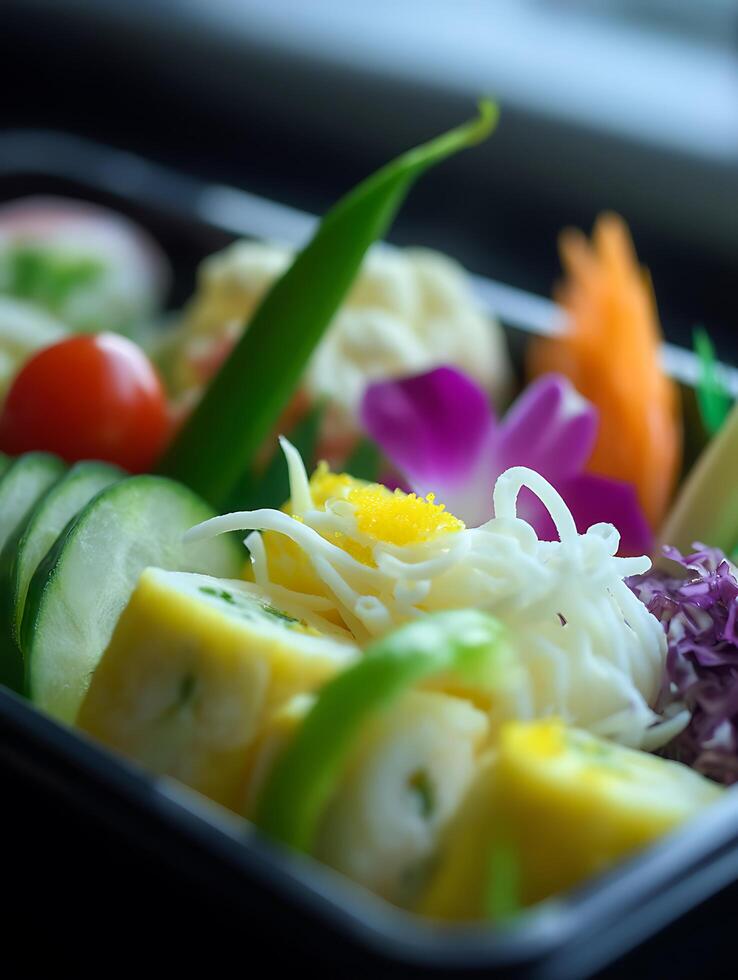 Close up of a vibrant and colorful bento box filled with fresh vegetables, seafood, and garnishes. photo