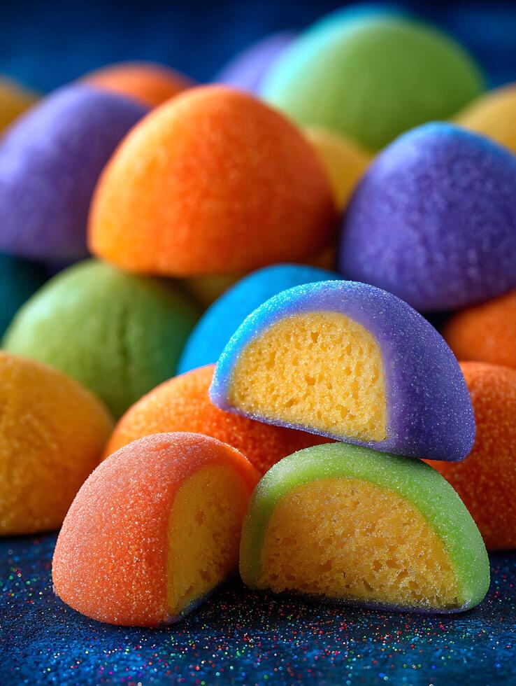 Close up of Colorful, Half-Cut Candy on Glitter Surface. photo