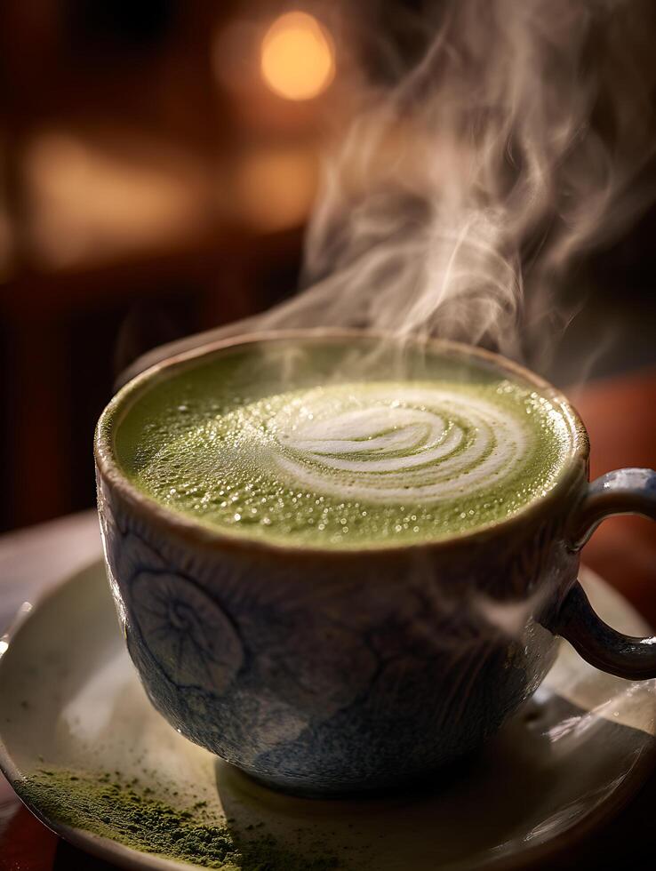 Steaming Cup of Matcha Latte with Latte Art. A close up image of a delicious green tea beverage. photo