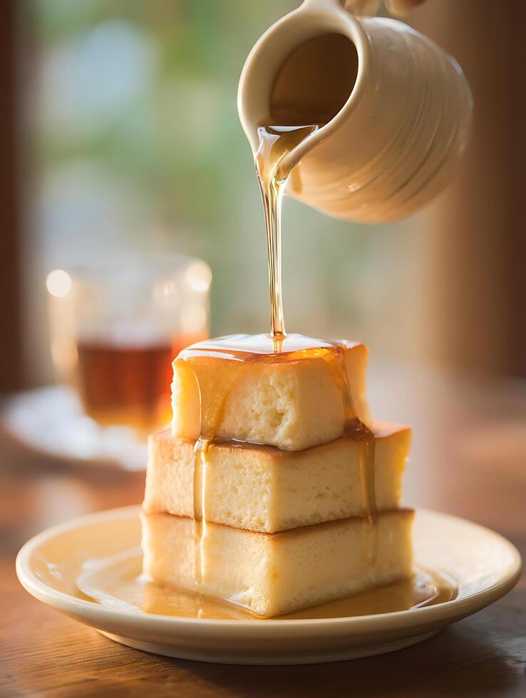 Delicious Fluffy Pancakes Drizzled with Golden Syrup. A close up shot of a stack of pancakes being poured with syrup. photo