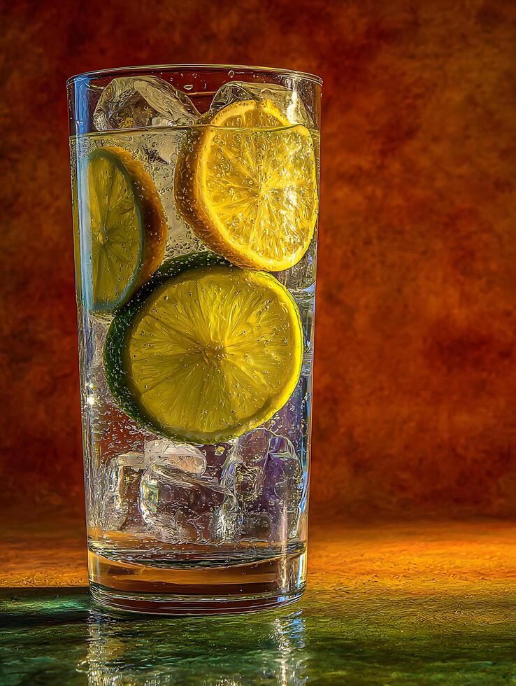 Refreshing Iced Citrus Drink in a Glass. Close up of lemon and lime slices in sparkling water with ice. photo