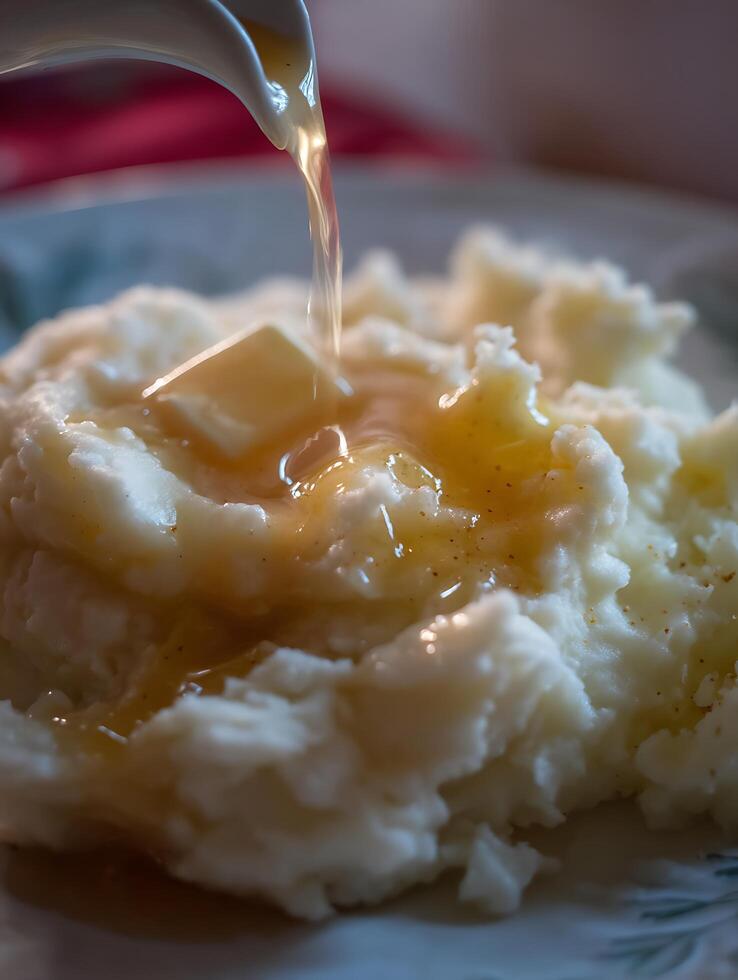 Close Up of Mashed Potatoes with Gravy Being Poured. photo