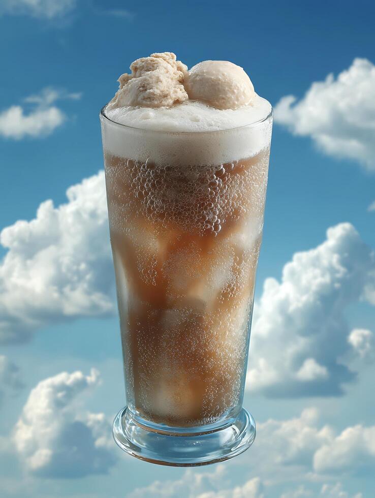 Refreshing Ice Cream Soda against a Blue Sky Background. photo