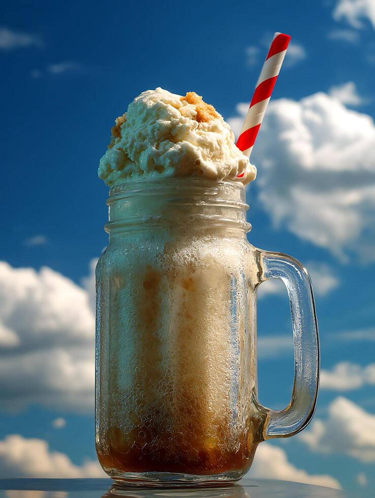 Refreshing Ice Cream Soda in a Glass Jar Against a Blue Sky. photo