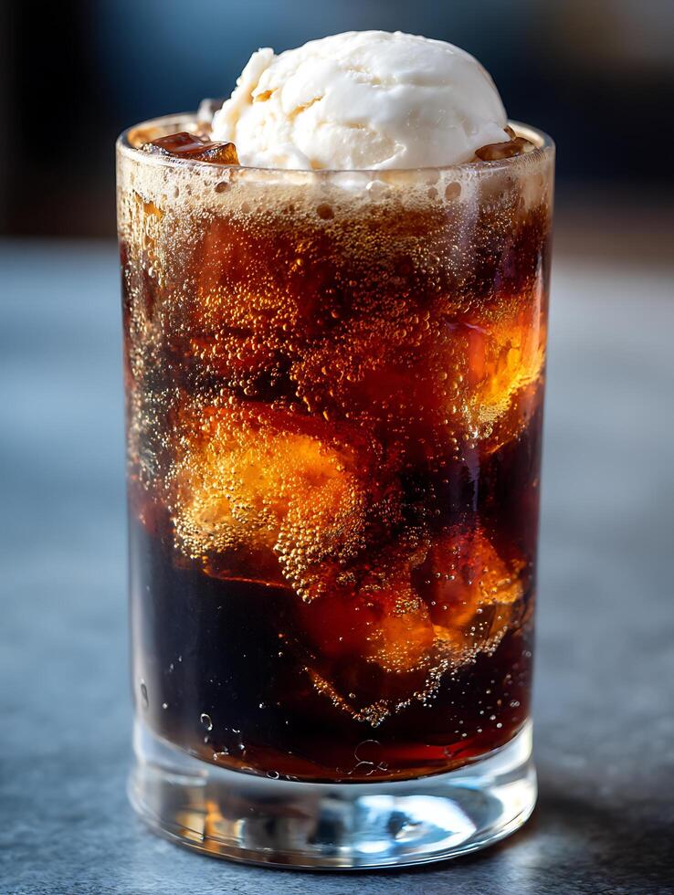 Refreshing Cola Float with Vanilla Ice Cream Close Up. A delicious summer beverage. photo