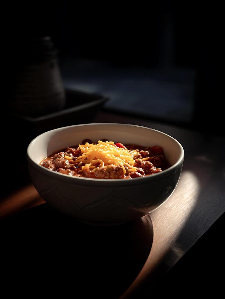 A Bowl of Chili Con Carne Topped with Shredded Cheese, Illuminated by Sunlight. photo