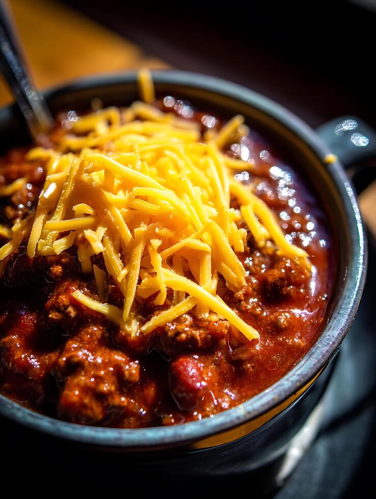 Close Up of a Bowl of Chili Topped with Shredded Cheese. photo