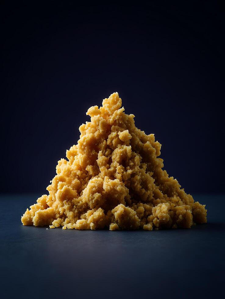 Close up of a golden crumbly substance, forming a small mountain on a dark background. photo