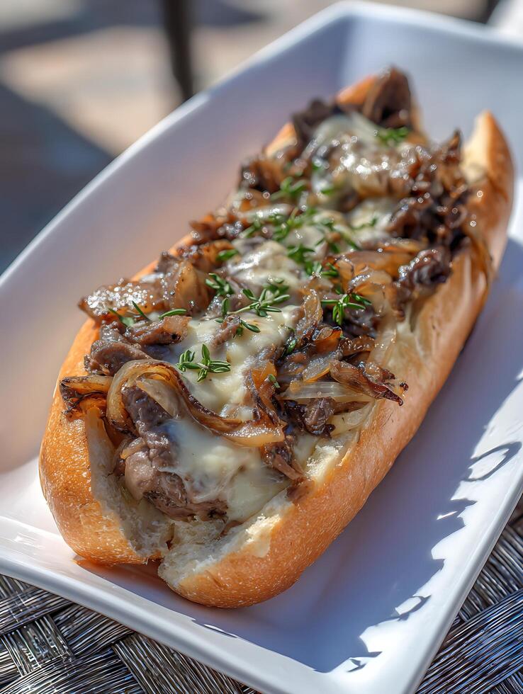 Gourmet Philly Cheesesteak Sandwich on a White Plate. photo