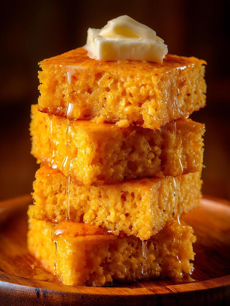 Golden Cornbread Stack with Honey and Butter A Delicious Close Up. photo