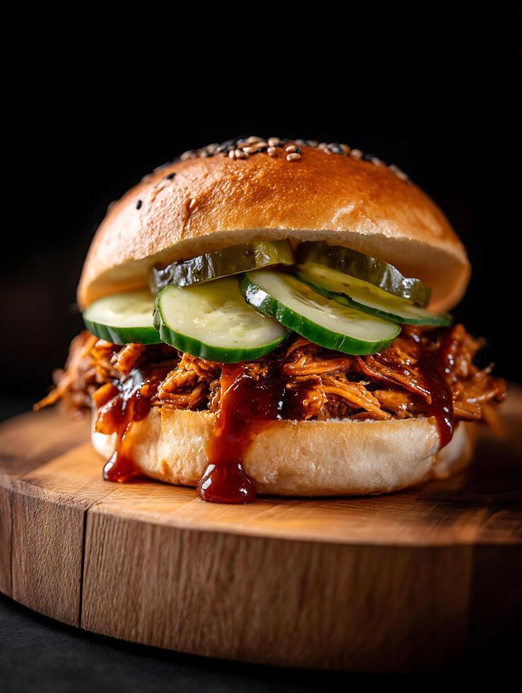 Delicious Pulled Pork Sandwich with Pickles and Barbecue Sauce. A close up shot of a mouthwatering pulled pork burger on a wooden board. photo