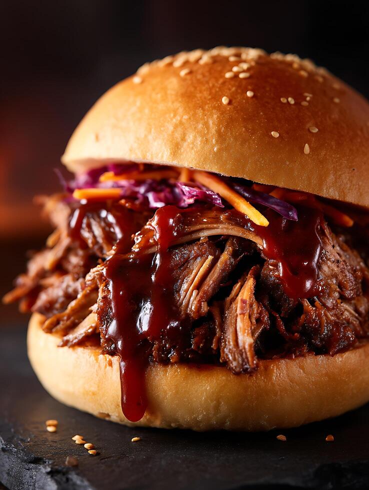 Close up of Pulled Pork BBQ Sandwich on Sesame Seed Bun. photo