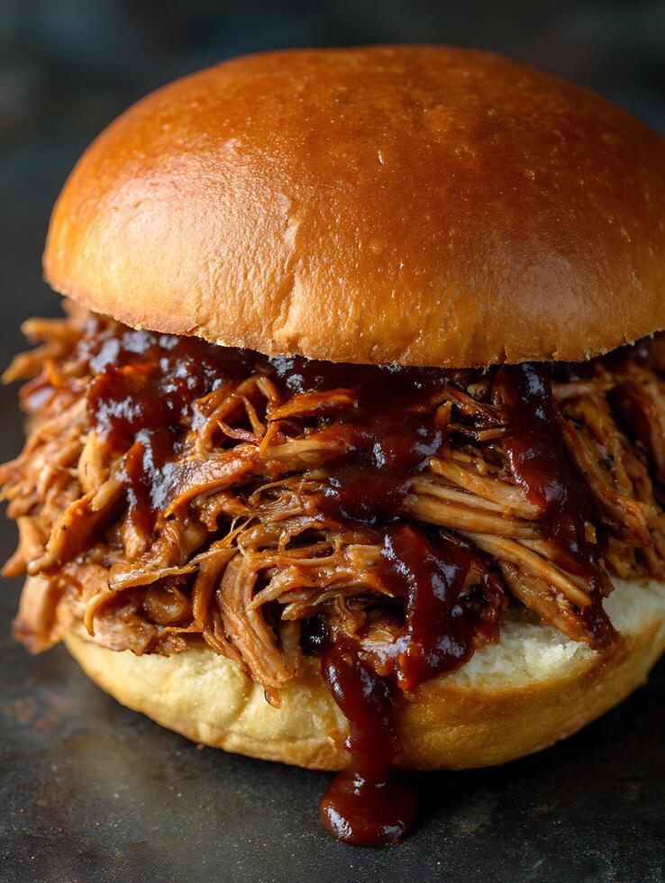 Close Up of a Pulled Pork Sandwich with Barbecue Sauce. A delicious image perfect for food blogs, restaurant menus, or culinary publications. photo