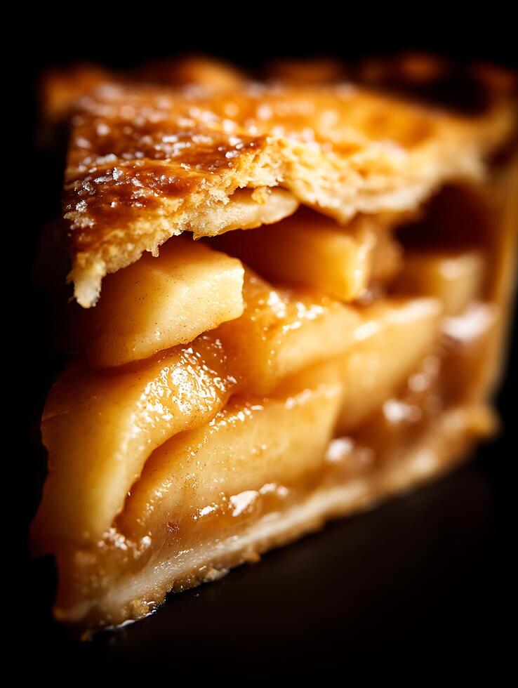 Close up of a delicious apple pie slice, showcasing the flaky crust and sweet apple filling. photo
