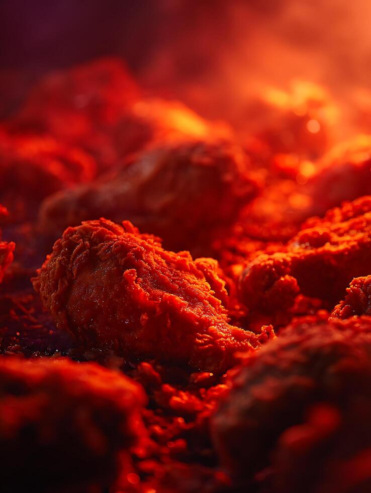 Close up of Crispy Fried Chicken Pieces, Glowing Red in Warm Light. photo