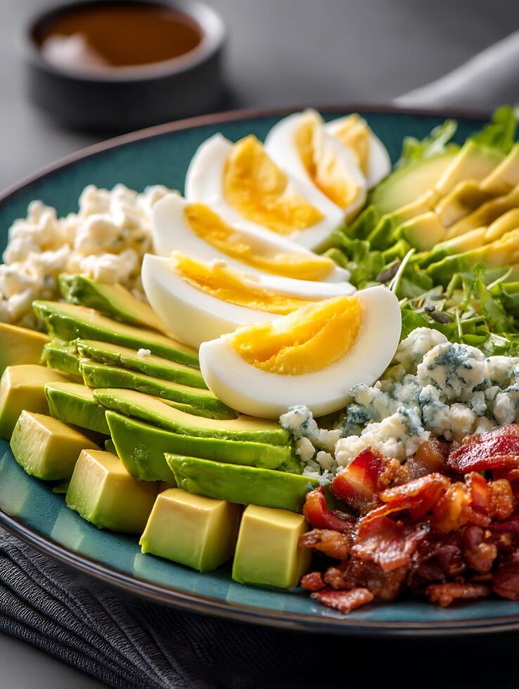 Delicious Cobb Salad with Avocado, Hard Boiled Eggs, and Bacon. photo