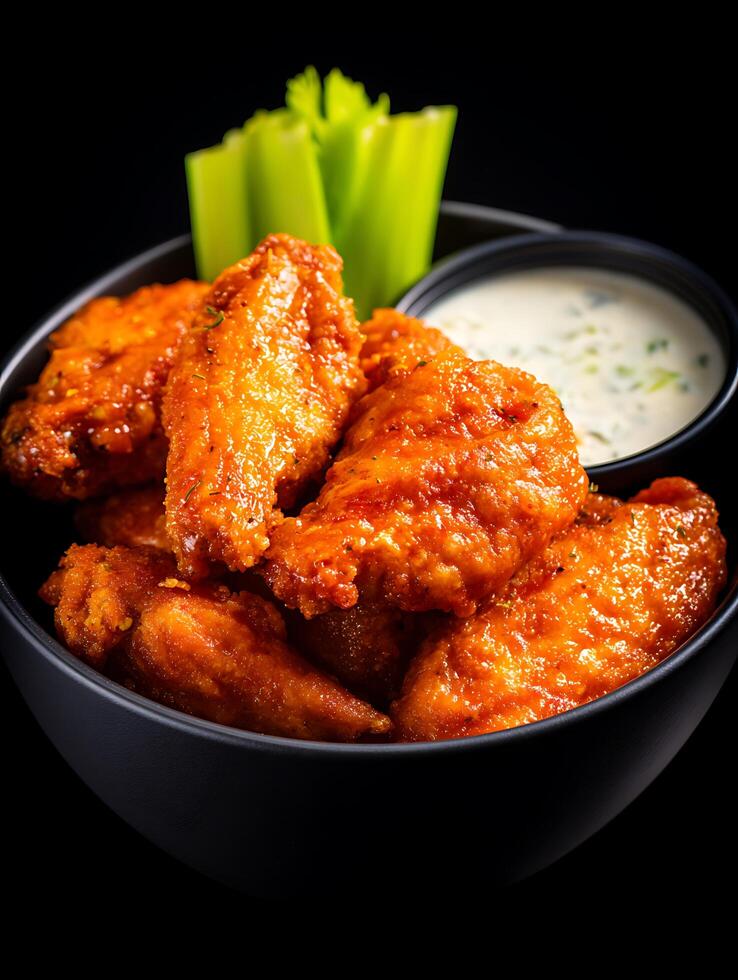 Close up of Spicy Buffalo Chicken Wings with Celery and Ranch Dressing in a Black Bowl. photo