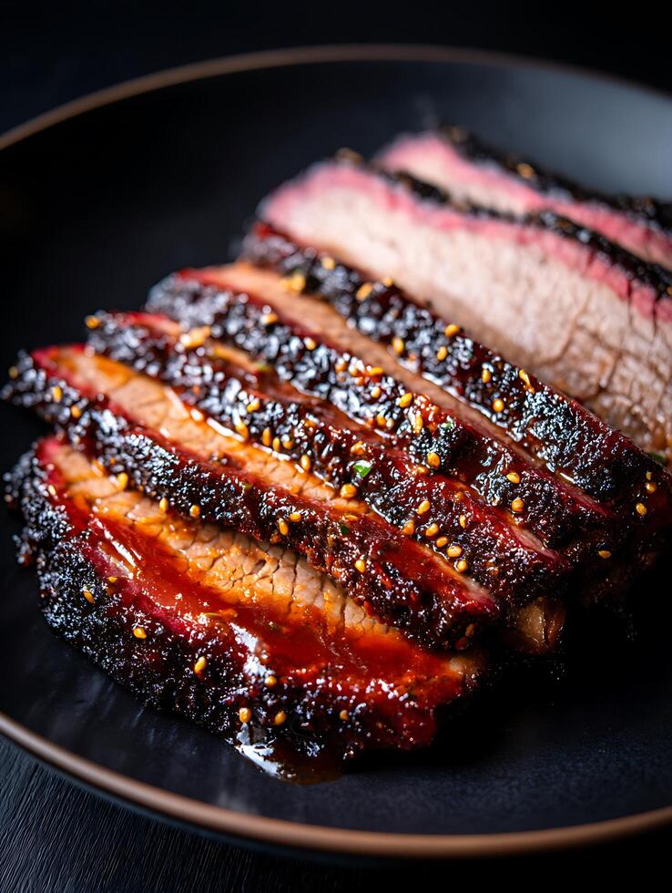 Close Up of Sliced Smoked Brisket with Barbecue Sauce. A delicious image perfect for menus, cookbooks, or food blogs. photo