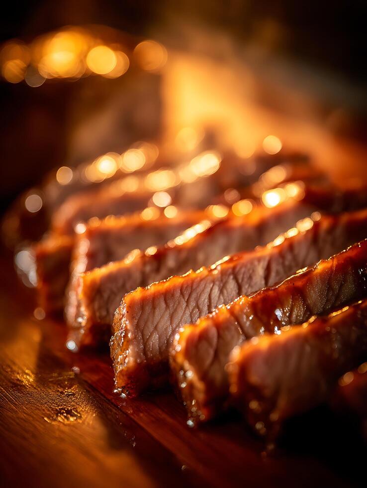 Close up of Delicious Glazed Meat Slices on Wooden Board. photo