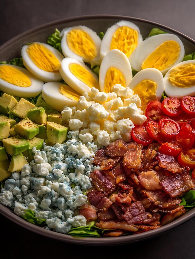 Close up of a vibrant Cobb salad with hard boiled eggs, bacon, avocado, blue cheese and tomatoes. photo