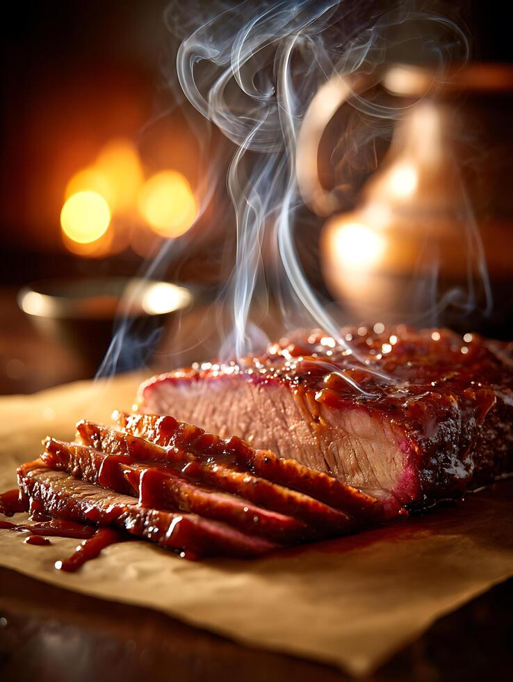 Sliced Smoked Brisket with Barbecue Sauce, Close Up. Delicious Smoked Meat. photo