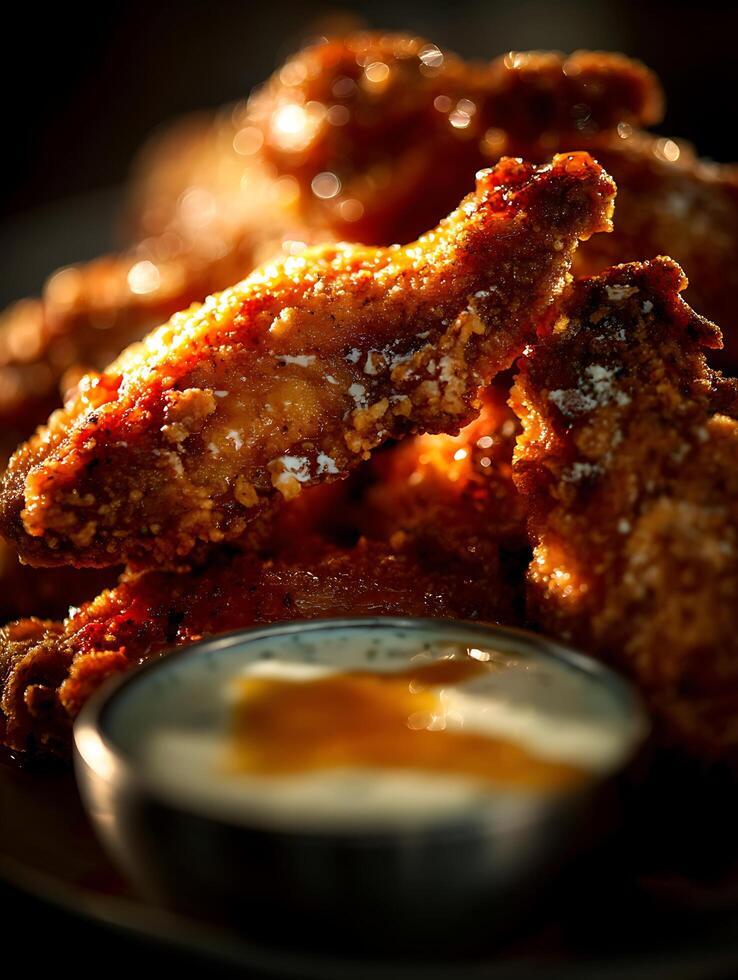 Close up of Crispy Fried Chicken Wings with Dipping Sauce. Golden brown, glistening chicken wings arranged with a creamy, honey-infused dip. photo