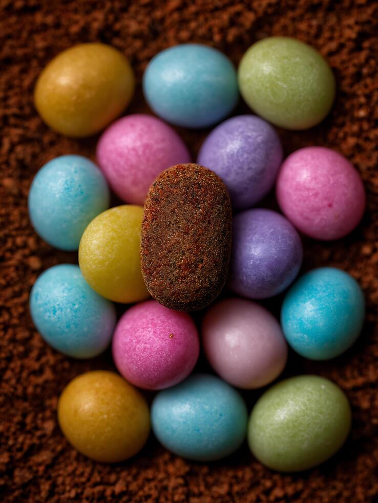 Colorful Candy Eggs Surrounding a Chocolate Treat on Cocoa Powder. photo
