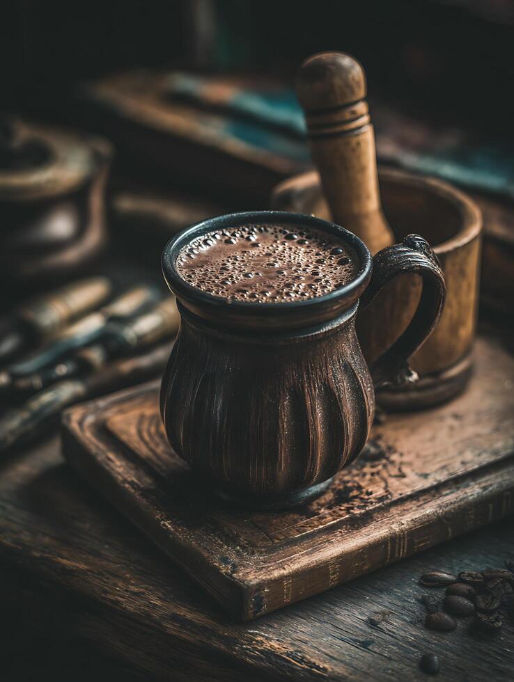 Close up of Steaming Hot Chocolate in Rustic Mug on Wooden Table. photo