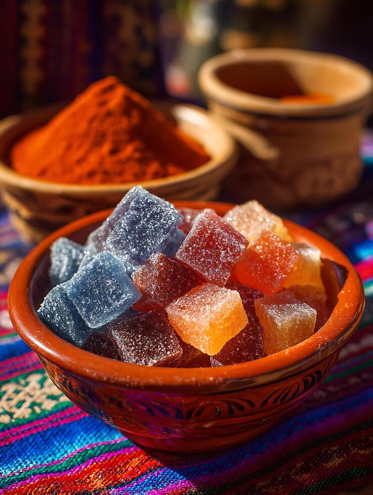 Colorful Sugared Fruit Jellies in a Rustic Bowl. A close up shot of vibrant, translucent fruit jellies, showcasing their sugary texture. photo