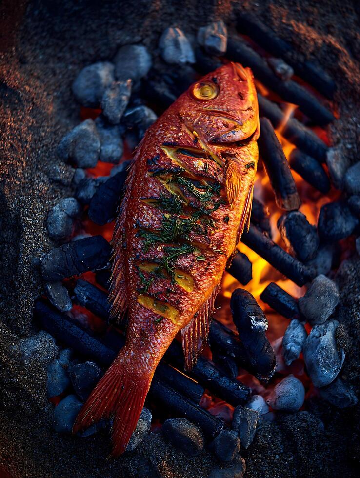 Grilled Red Snapper on Embers A Close Up of Delicious Seafood. photo